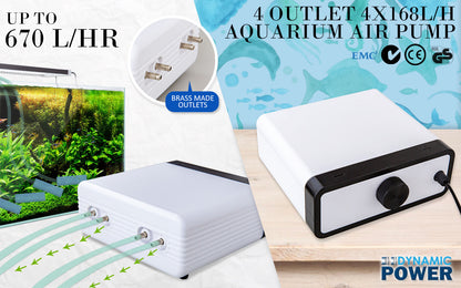 Dynamic Power White Aquarium Air Pump Oxygen Hydroponic 4 Outlet 670L/H 8W